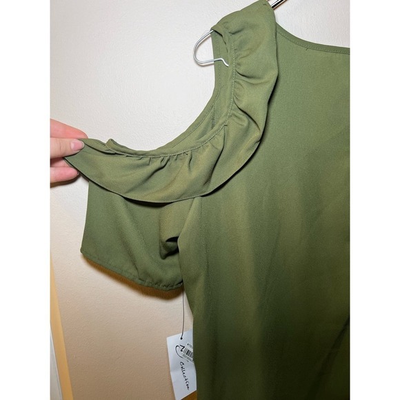 Ny Collection Large Ruffle Top Women Green SZ 9 Cold Shoulder Short Sleeve Woven - Picture 3 of 6